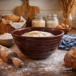 Vtg Marcrest Oven Proof Banded Brown Glazed Stoneware Mixing Bowl Farmhouse 8”